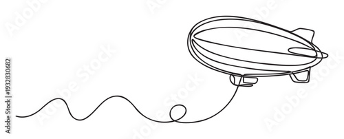 Elegant single line artwork of a classic blimp flying with a dynamic flowing trail, perfect for graphic material on aeronautics, journey, or future technology concepts.