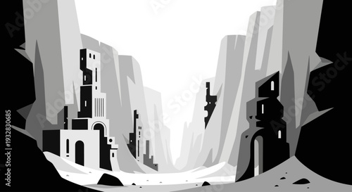 Ancient geometric city nestled within a mysterious canyon landscape