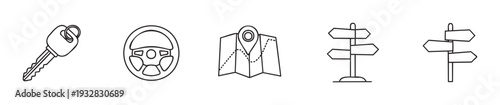 Essential travel and driving outline icons featuring a car key, steering wheel, detailed route map, and multiple directional signposts, perfect for navigation apps and transportation
