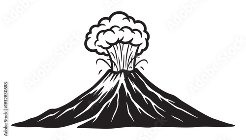 Dynamic black and white volcano erupting with a powerful ash cloud, perfect for educational materials, warning signs, or dramatic graphic elements