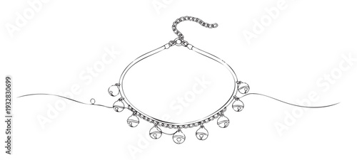 Continuous line drawing presenting an elegant anklet bracelet adorned with charming bells, perfect for jewelry accessories promotion, cultural event graphics, or celebratory occasion