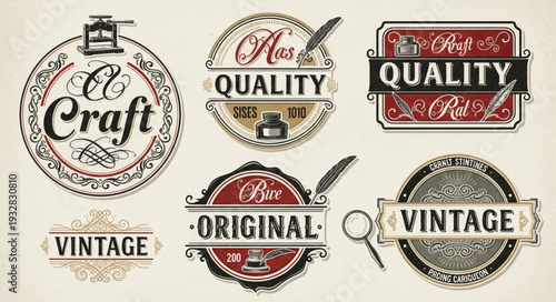 Collection of vintage quality and original labels with artistic designs and elegant fonts.