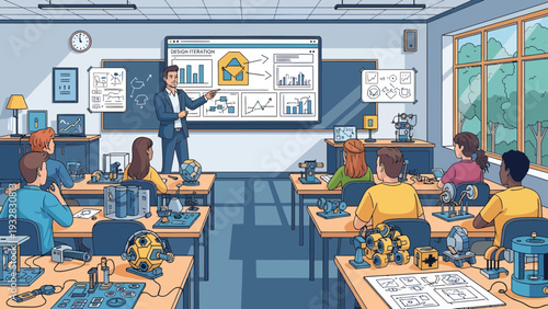 Teacher instructing students in a modern technology classroom.