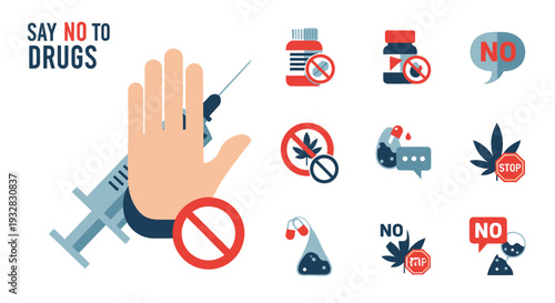 Say No To Drugs: Anti-drug campaign with syringe and prohibition icons