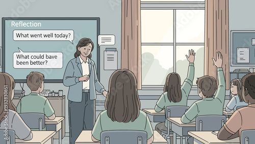 Teacher leading a classroom discussion on reflection.