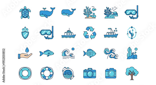 Ocean Conservation Icons Set: Marine Life, Water, Ecology, and Diving Symbols