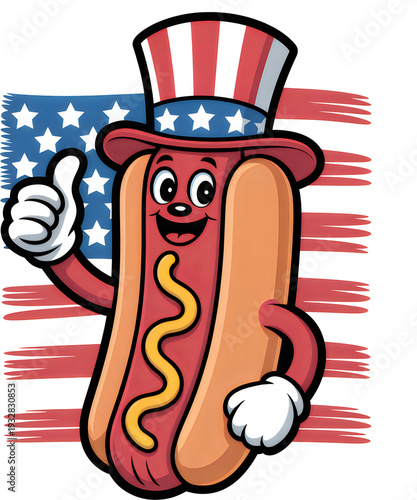 Cartoon hot dog wearing hat with american flag background