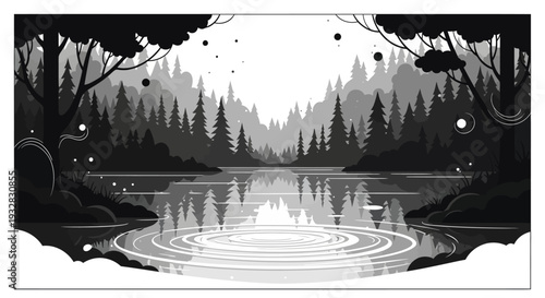 Stylized monochrome illustration of a tranquil forest lake with ripples and reflections