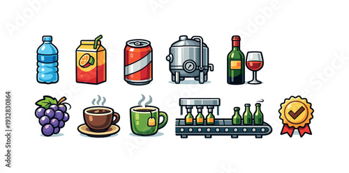 Beverage icon set. drinks, coffee, wine, juice flat icons collection.