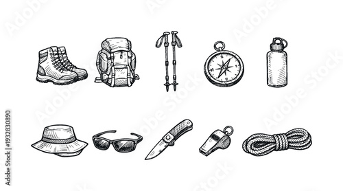 Outdoor adventure sketch icon set. hiking, camping essentials outline collection