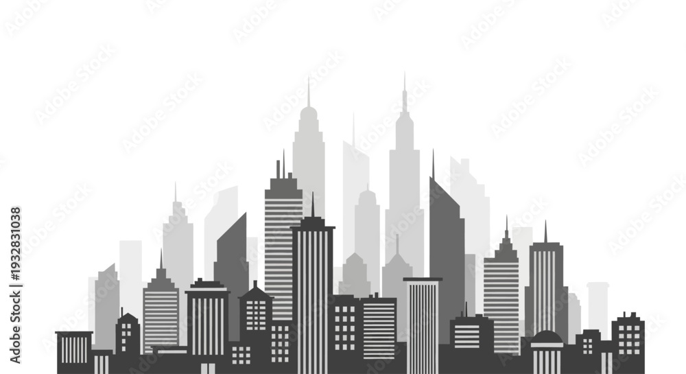 Obraz premium Minimalist city skyline illustration with modern buildings on a white background.