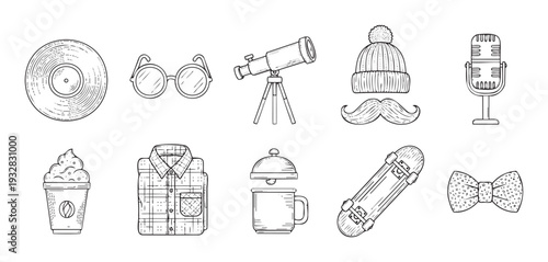 Collection of individual line art icons including a vinyl record, round glasses, a telescope, a knit beanie, a mustache, a microphone, a coffee cup, a plaid shirt, a mug, a skateboard, and