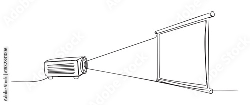 Modern digital projector machine casting a beam of light onto an empty pulldown presentation screen, perfect for illustrating concepts of business meetings, educational seminars, movie