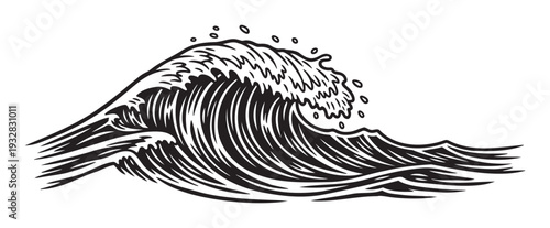 A powerful dynamic ocean wave with a curling crest and splashing water captured in a bold graphic style perfect for apparel prints, surf shop branding, and marine themed emblems