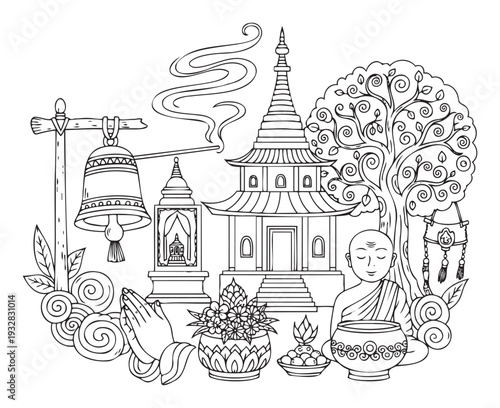 Buddhist monastery scene with meditating monk, traditional temple, Bodhi tree, and various offerings, ideal for spiritual and cultural design projects