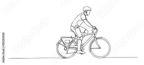 Continuous line drawing of a person wearing a helmet and riding a bicycle, perfect for conveying movement, outdoor activity, and healthy lifestyle themes in various media projects.