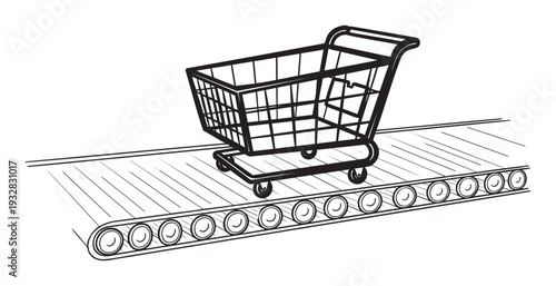 Shopping cart moving on a production line conveyor belt symbolizing modern consumerism and retail logistics for business presentations and ecommerce operations