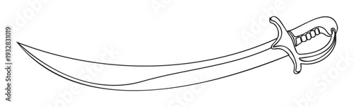 Curved ancient pirate saber blade with a decorative hilt and handguard outlining a historical scimitar sword ideal for adventure themed projects and costume related graphics