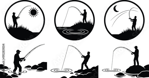 Fishing Silhouette Icon Set, Angler with Rod by River and Lake in Day and Night Vector Illustration Collection
