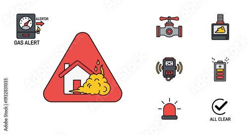 Gas Leak Detection Icons: Alarm, House Fire, Valve, Detector, Battery, Siren