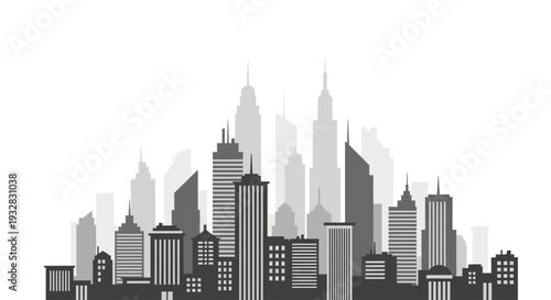 Minimalist city skyline illustration with modern buildings on a white background.