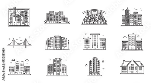Collection of outline city elements featuring various buildings, a bridge, and a stadium, ideal for modern graphic projects, web applications, and presentations.