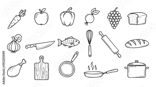 Collection of handdrawn food ingredients and kitchen cooking tools perfect for culinary projects, recipe applications, grocery lists, or educational materials about food preparation.