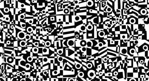Abstract black and white geometric pattern with circles and squares.