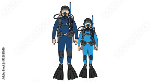 Adult and child scuba divers in full gear, isolated on white background