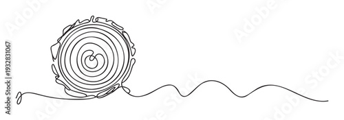 Continuous line drawing of a tree trunk cross section with visible growth rings and an extending wavy line symbolizing natures constant flow, perfect for environmental and sustainability