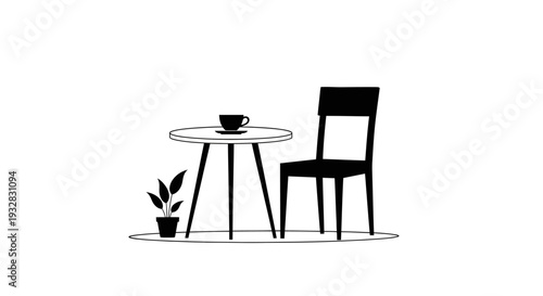Minimalist cafe scene with table, chair, and coffee cup illustration.