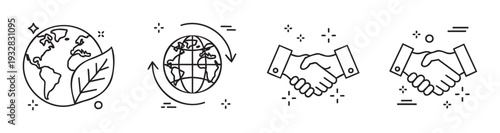 Line icons representing global environmental sustainability, circular economy concepts, and international business collaboration, ideal for corporate presentations and educational materials.