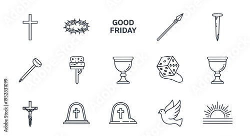 Good Friday Symbols Icons: Cross, Crown of Thorns, Spear, Nails, Chalice, Dice