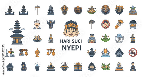 Hari Suci Nyepi Balinese Hindu Holiday Pixel Art Icons Set