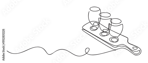 Minimalist continuous line drawing depicting a flight of three beer glasses on a tasting paddle, perfect for brewery promotions, beverage menus, or modern decor