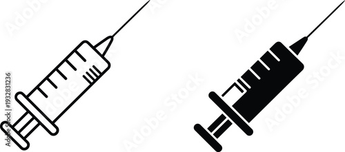 Syringe Injection Icon Set, Medical Vaccination and Immunization Symbol, Black and White Vector Illustration Isolated on Background