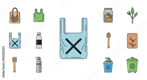 Eco-friendly shopping options, reusable bags, plastic waste reduction concept