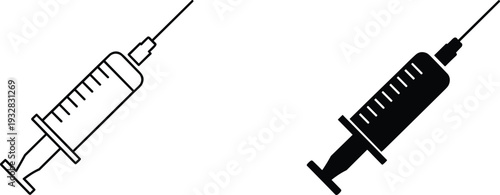 Syringe Medical Injection Icon Collection, Vaccination and Immunization Healthcare Symbol Set, Black and White Vector Illustration Isolated on Background