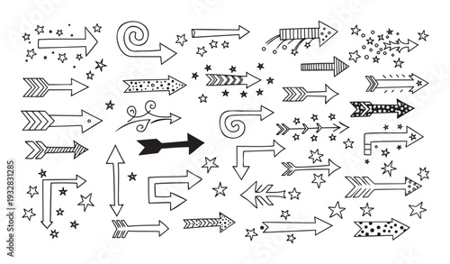 A versatile collection of handdrawn doodle arrows and scattered star shapes for visual guidance and playful graphic components suitable for educational resources presentations or digital