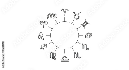 Zodiac wheel illustration featuring astrological signs in a circular arrangement.