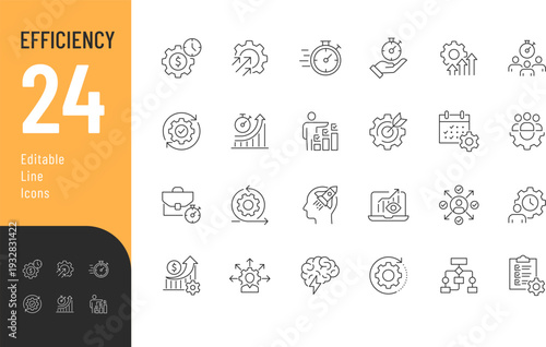 Efficiency Line Editable Icons set. Vector illustration in modern thin style of work process related icons: solution, planning, productivity, and more. Isolated on transparent background.
