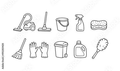 Cleaning tools outline icon set. housekeeping, sanitation, hygienic tools collection