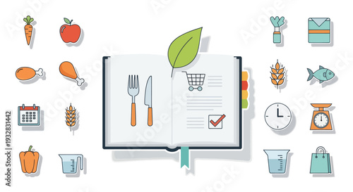 Healthy Cooking and Nutrition Concept: Open Cookbook with Food Icons