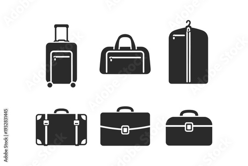 Collection of various luggage and bags including a suitcase, duffel, garment bag, and briefcases