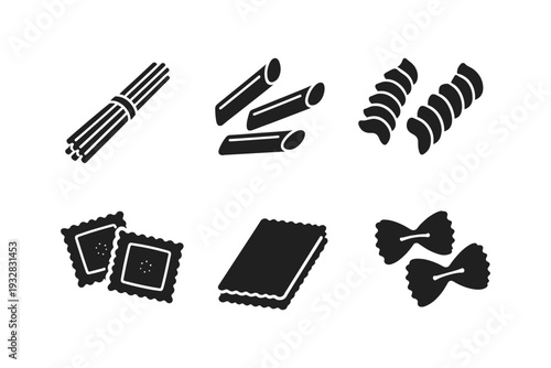 Collection of six different types of pasta shapes in a simple black and white illustration