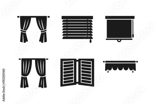 Collection of window covering icons including curtains, blinds, and shutters