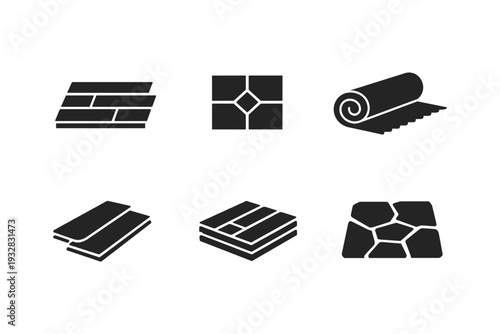 Collection of flooring material icons including wood planks, tiles, and stone pavers