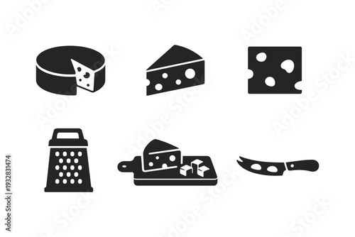 Collection of cheese icons including a whole wheel, slices, cubes, grater, and knife