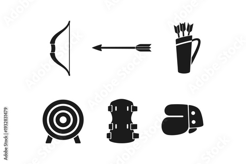 Collection of archery equipment icons including bow, arrow, quiver, target, and protective gear