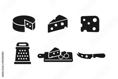 Collection of cheese icons including a whole wheel, slices, cubes, grater, and knife